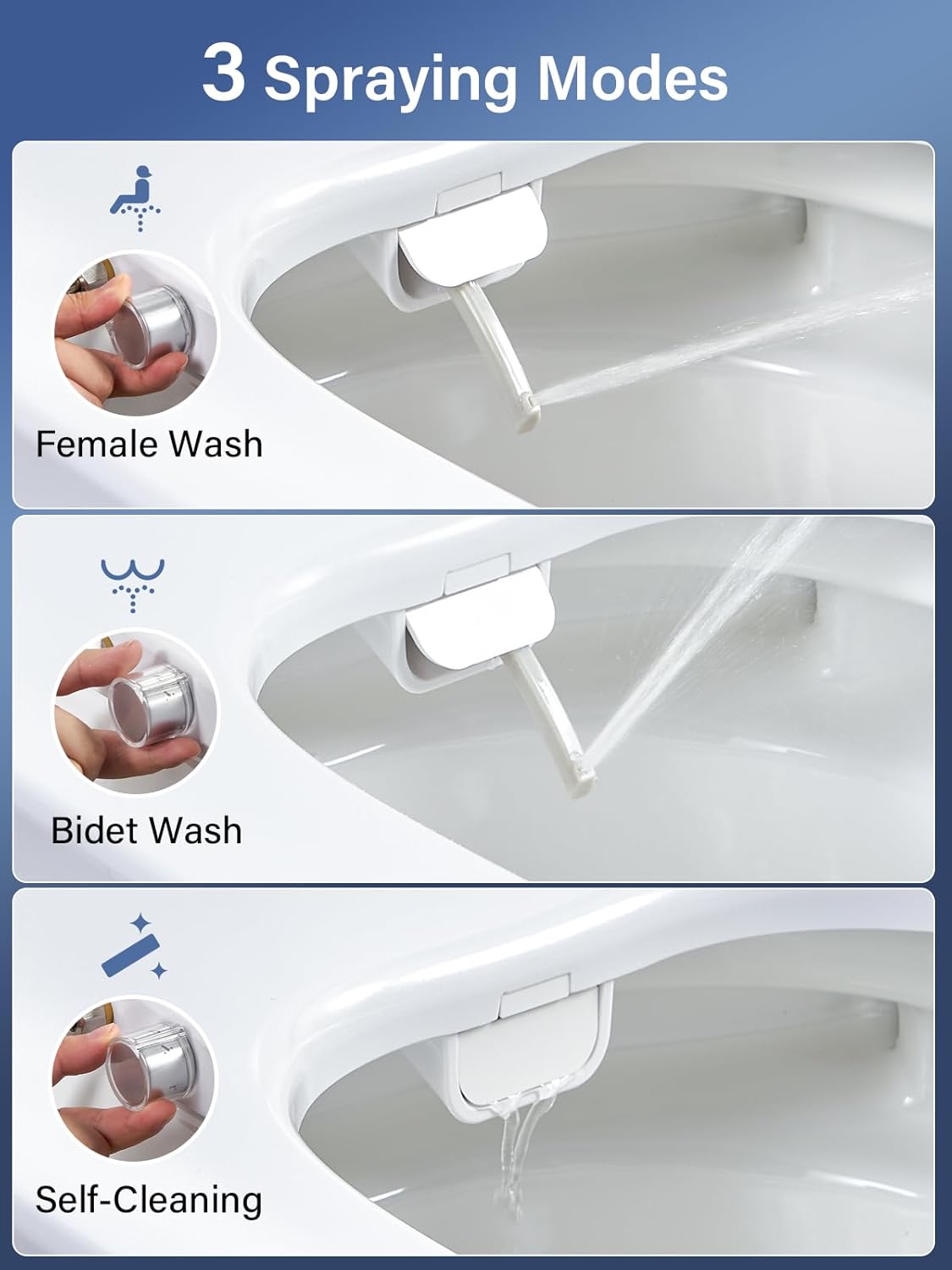 Diagram illustrating three spraying modes: Female Wash, Bidet Wash, and Self-Cleaning