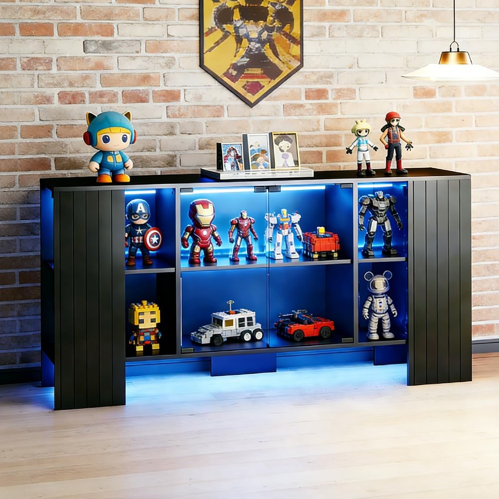 Display Cabinet with Glass Doors - High Gloss Curio Cabinet Sideboard with LED Light, Fluted Display Case for Toys, Books, Collectibles, Bookcase for Living Room, Kitchen, Study,Black