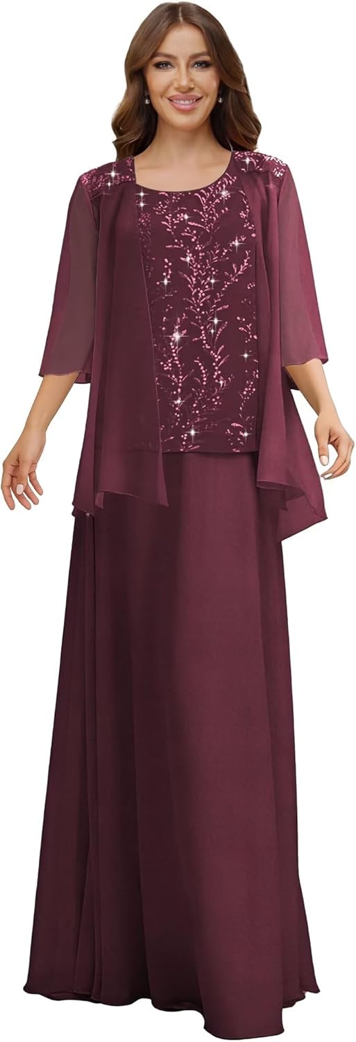 2 Piece Chiffon Mother of Brides Dress with Jacket Short Sleeve Lace Applique Long Formal Evening Gowns