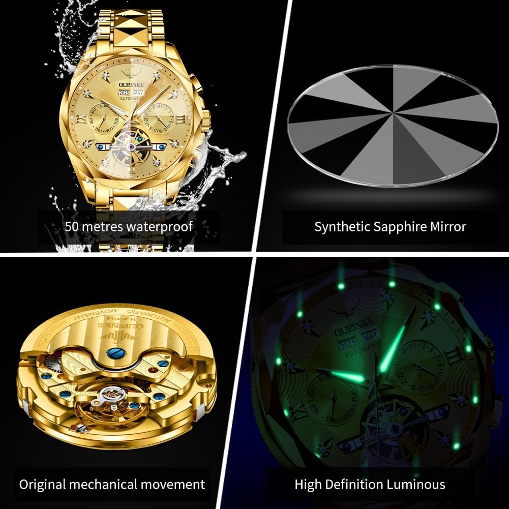 OUPINKE Men's Watches Automatic Skeleton Self-Winding Original Mechanical Gold Luxury Sapphire Crystal Dress Gifts Wrist Watches