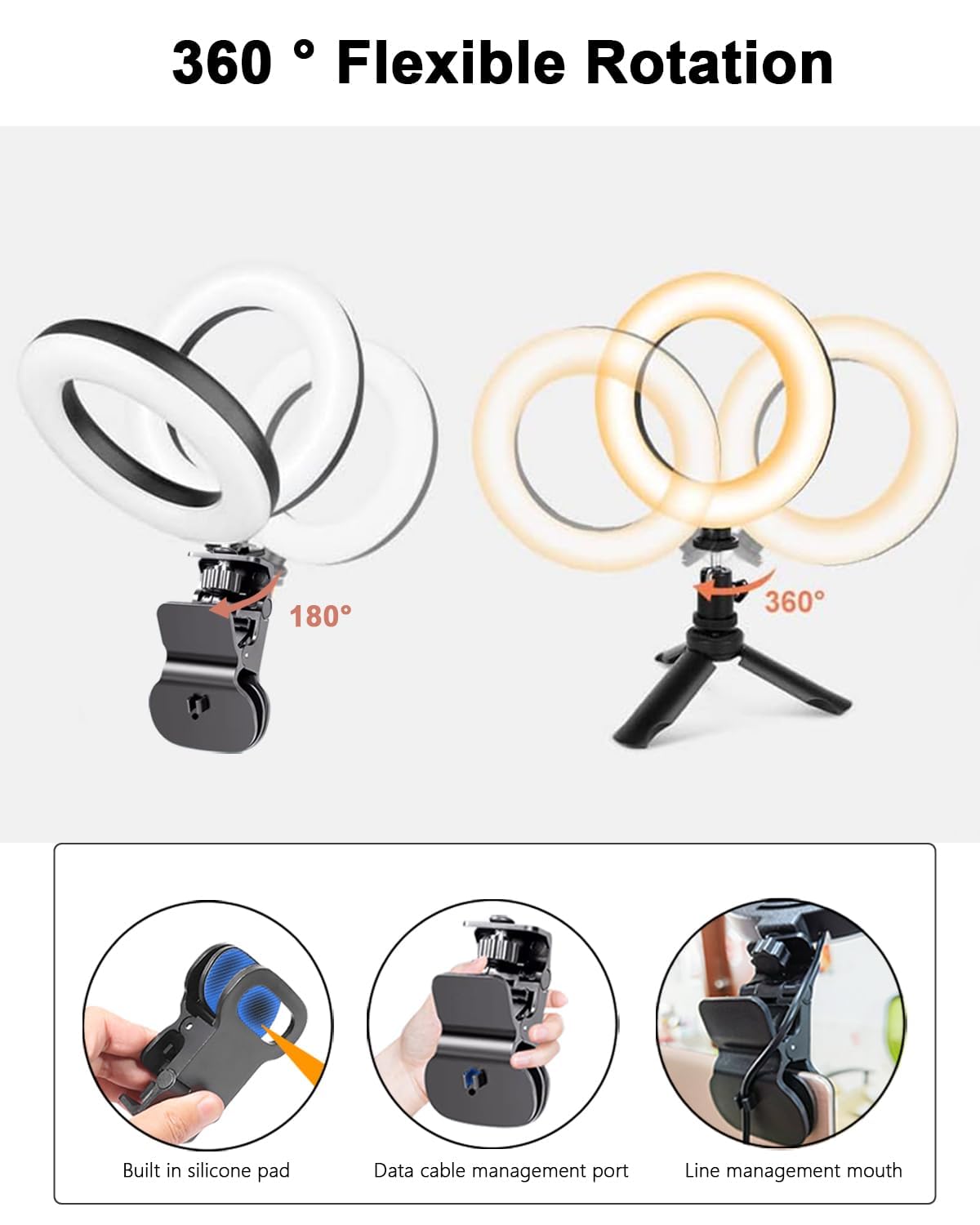 Zoeley Anillo de luz LED, Aro de Luz con Pinza y Trípode 3 Colores Modo 10 Brillos Regulables 360°Rotación Luz de Video Profesional para Zoom Call TikTok, Maquillaje Iluminación de Cámara de Red