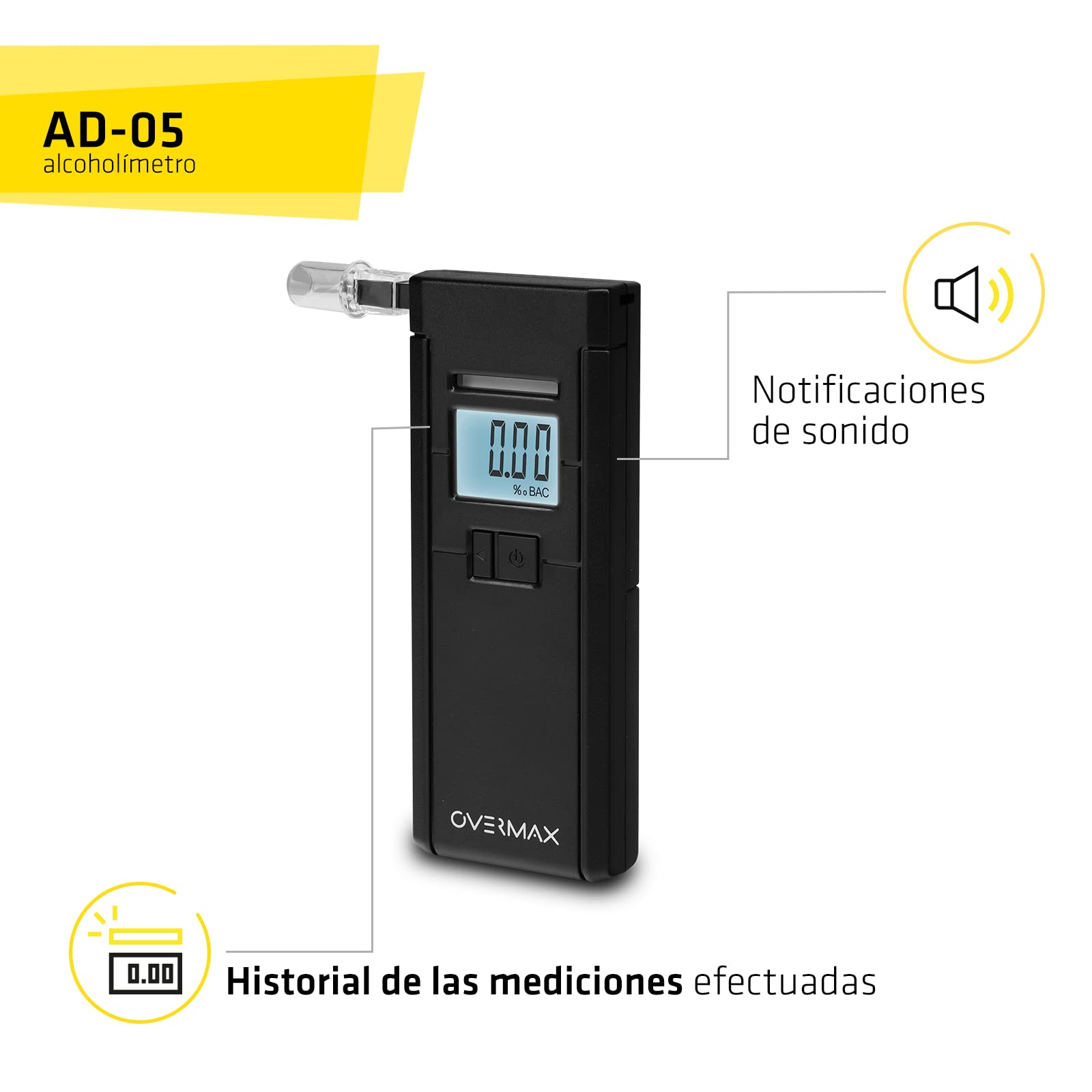 Overmax AD-05 Alkomat Professional, Sensor electroquímico, calibración, Tiempo de Respuesta 5s, Rango 0.00‰ a 2.00‰, 3 boquillas Incluidas, Fuente de alimentación con 2 Pilas AAA