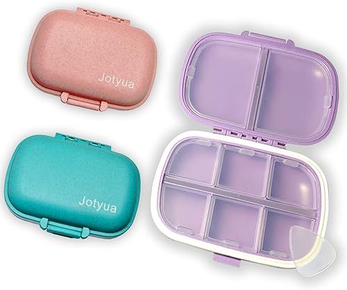 Jotyua Paquete de 3 unidades, 8 compartimentos, organizador de píldoras de viaje, pastillero pequeño, dispensador portátil de pastillero (rosa +