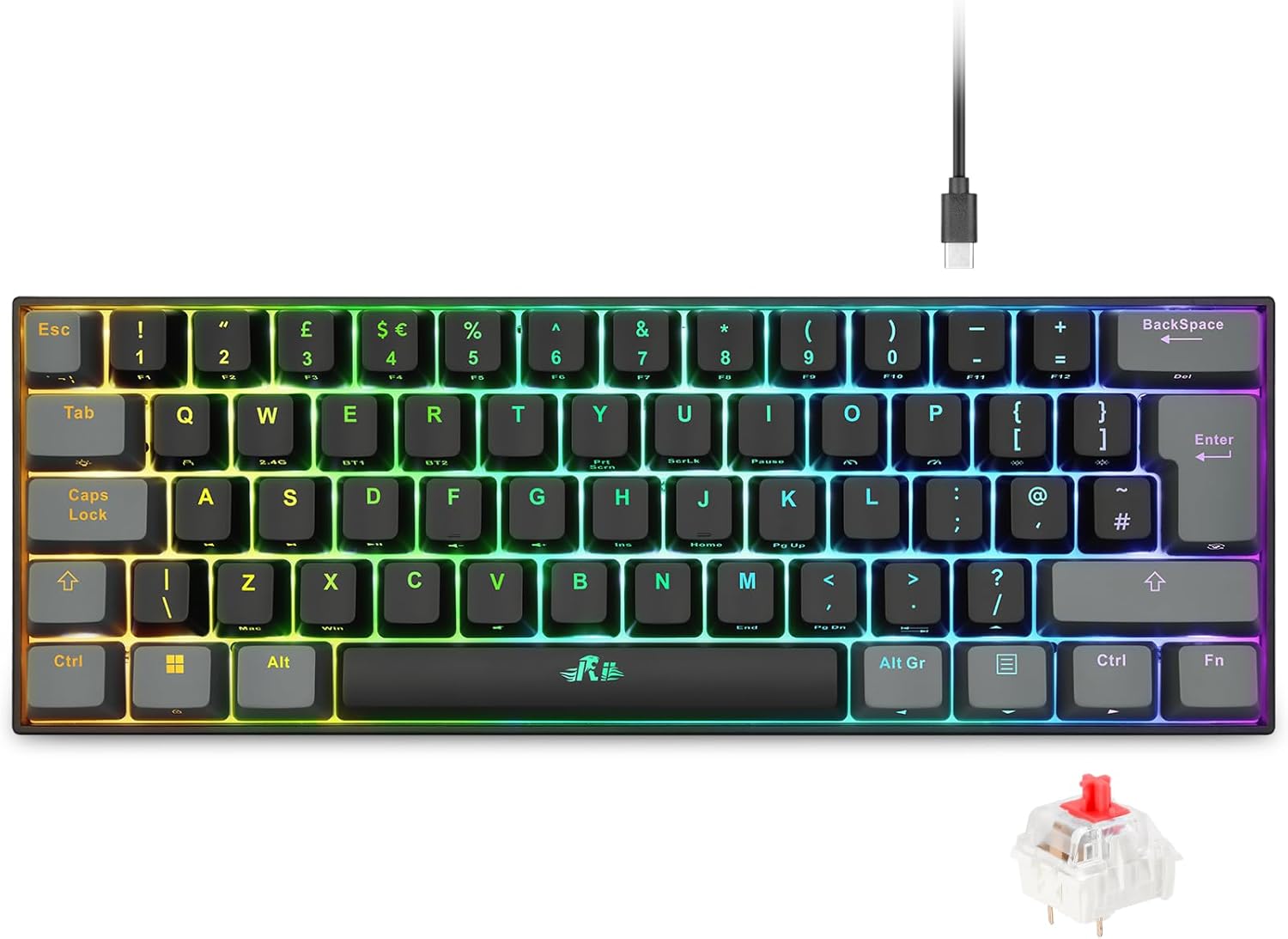 Rii Gaming keyboard, Wireless Rechargeable Mechanical Keyboard 60 UK