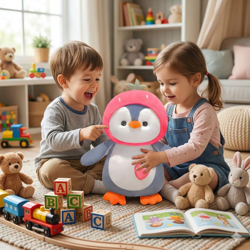 Image of HUG 'n' FEEL SOFT TOYS Pink Fruit Penguin Plush Toy - Cute Soft Stuffed Animal Huggable Penguin Doll for Kids, Girls & Boys Birthday Gift & Room Decor
