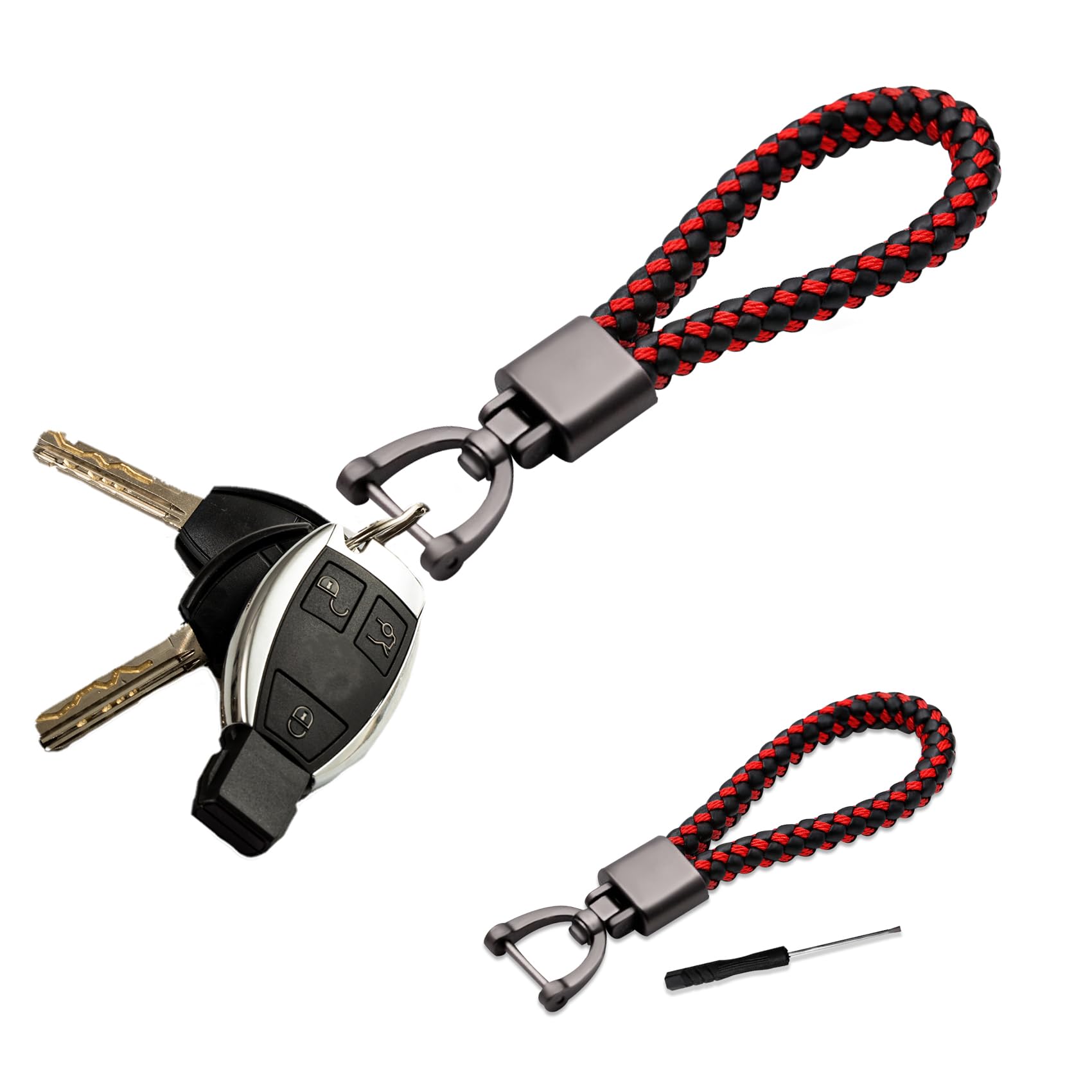 deemars deemars Llavero para Coches de Cuero Genuino, Porta Llaves del Coche con un Anillo en d Girable de 360 Grados y un Destornill, Llave de Cadena Universal para Hombres y Mujeres (Negro rojo)