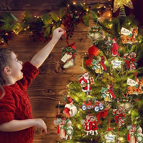 Image of Geelin 24 Pcs Vintage Christmas Ornaments Victorian Xmas Tree Decorations | Santa Claus Candy Cane Wood Cutouts, Retro Christmas Decorations for Xmas Tree Mantel Home Party Holiday Decor