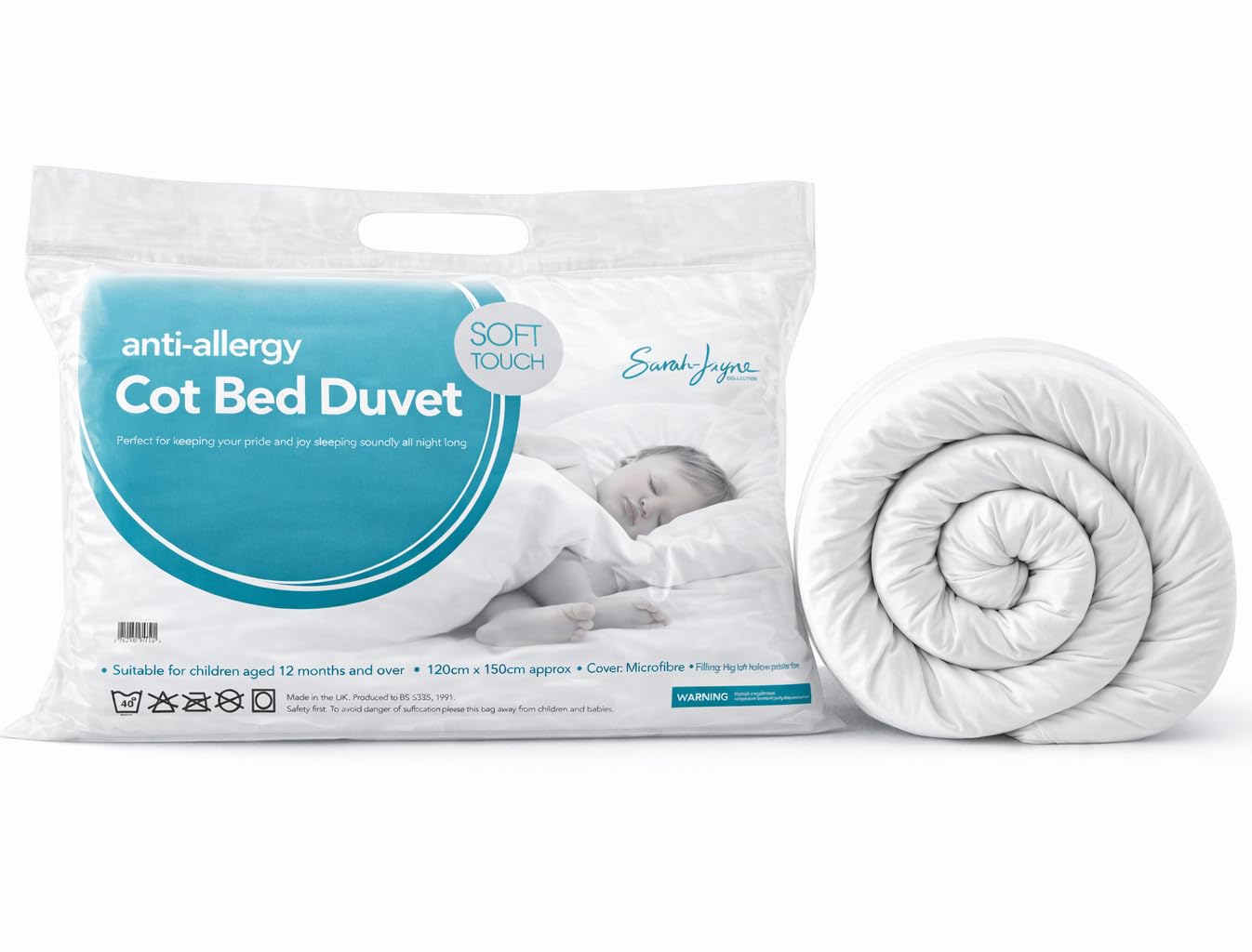 Sarah Jayne Luxury Cot Bed Duvet Made in UK – Soft Microfiber Baby Duvet with Hollowfibre Filling, Lightweight & Breathable Toddler Quilt, 7.5 Tog, Machine Washable