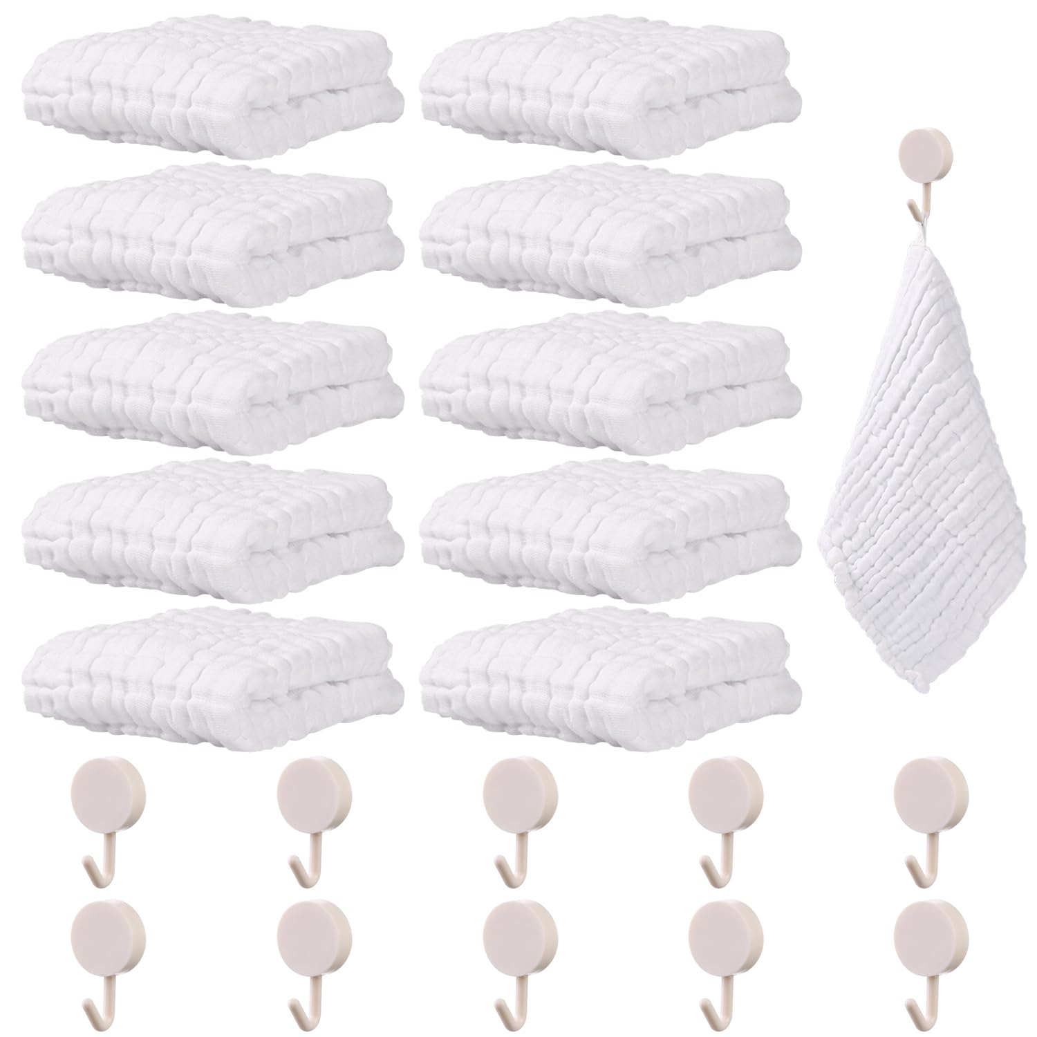 Pack 10 Toallas De Muselina Blanca 30x30 Cm + 10 Ganchos - Suaves, Absorbentes, Para Bebé Recién Nacido, Múltiples Usos