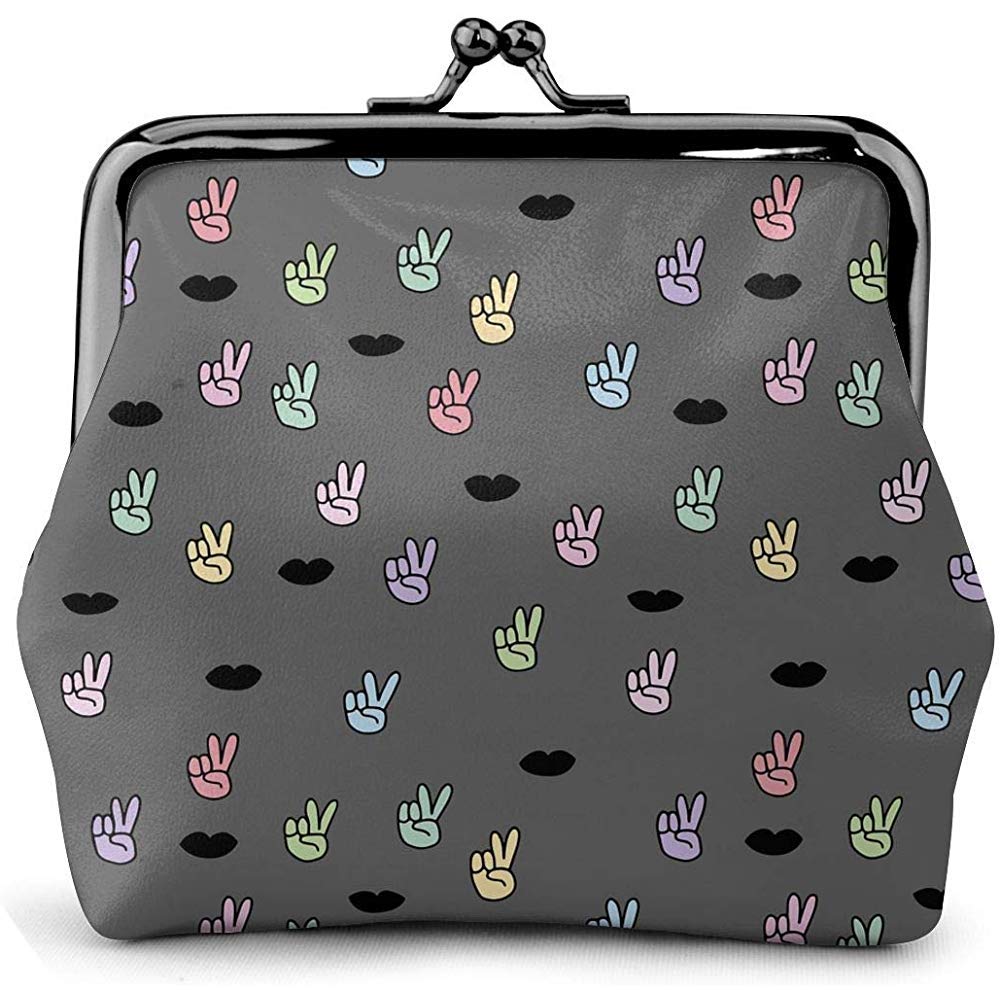 Victory V Sign Gray Lips Peace Vintage Pouch Girl Kiss-Lock Change Purse Wallets Buckle Leather Coin Purses