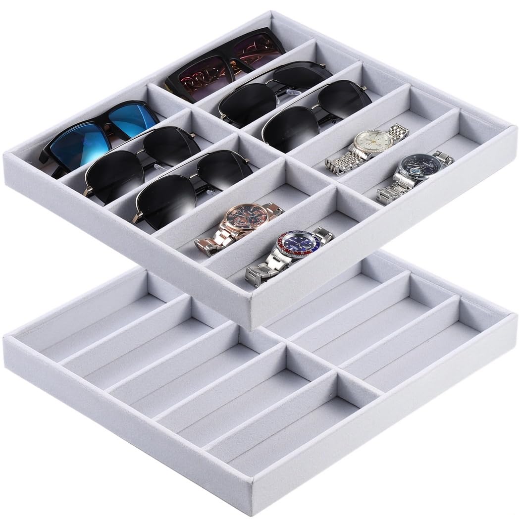 Stapelbarer Sonnenbrillen-Organizer aus Samt, 10 Fächer, Aufbewahrungsbox für Brillen, Uhren und Schmuck, 2 Stück