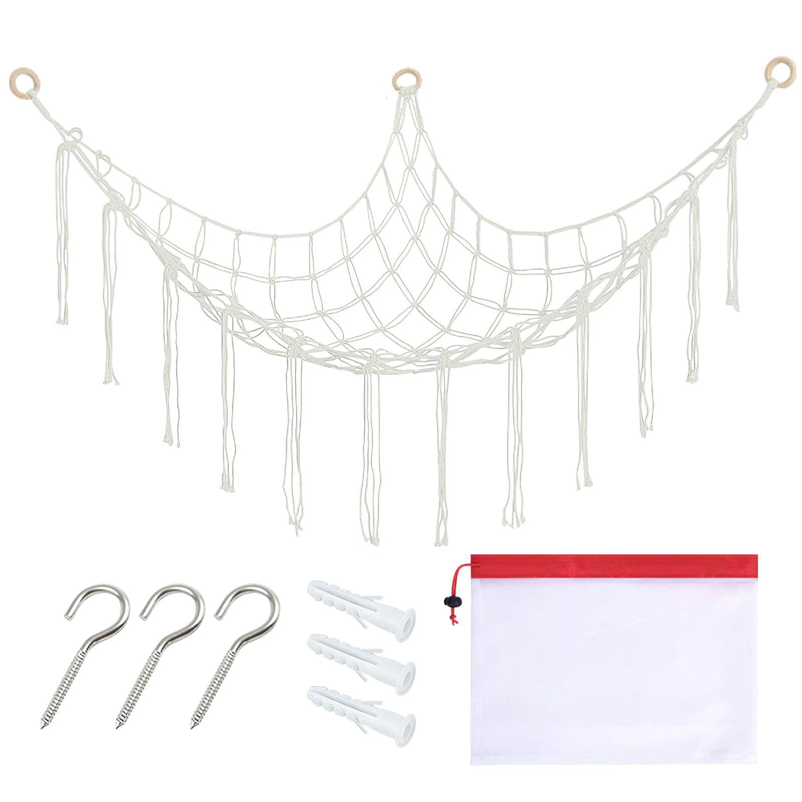 Rnfksu Off-White 1 Toy Storage Net With Hook, 1 Red Building Block Drawstring Storage Bag, Children's Bedside Hanging Net Pocket, Small Object Storage Bag.