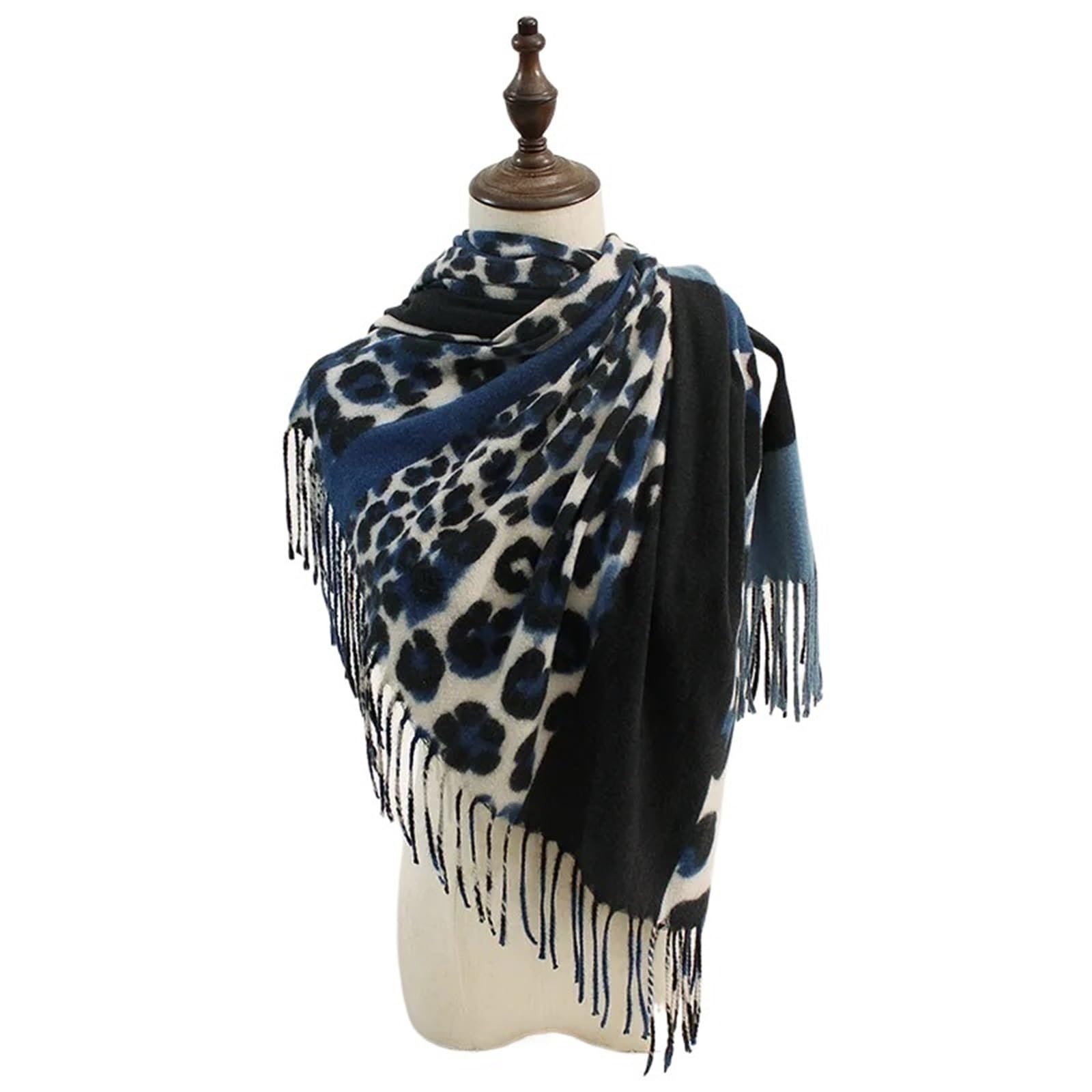 Sciarpa invernale da donna con stampa leopardata, scialle lungo addensato caldo con frange, avvolgente alla moda di lusso 70 * 200 cm(Blue)