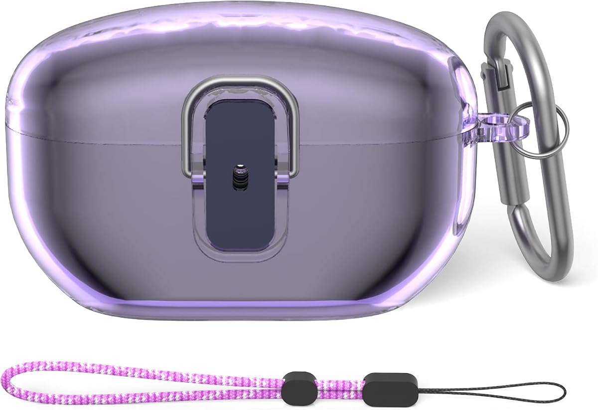 Estuche rígido morado transparente para Sony WF-1000XM5 (2023) - Estuche protector para auriculares a prueba de golpes con cierre de seguridad, cordón y llavero (cubierta para dispositivo electrónico portátil)