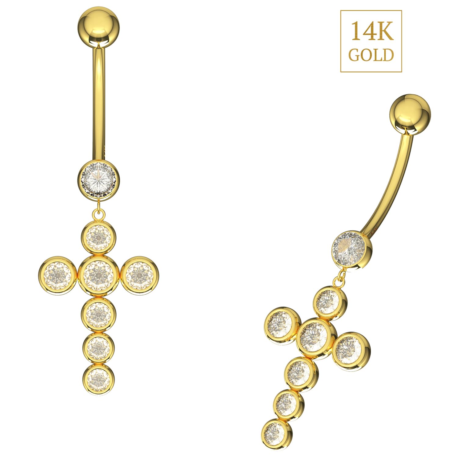 Piercing para ombligo de oro amarillo macizo de 14 quilates con circonita cúbica y cruz colgante – joyería para el ombligo de 14 quilates – Piercing para el ombligo calibre 14, 14 Gauge
