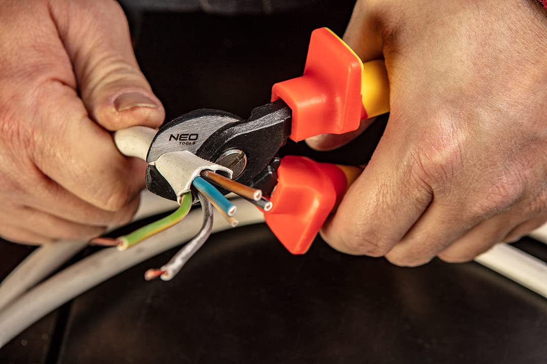 NEO TOOLS Alicates de cable 160 mm VDE, pulido, mango bicomponente, acero CrV, aprobado para trabajar bajo voltaje de hasta 1000 V, certificado TUV, garantía de 25 años