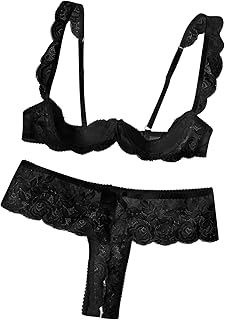 Lilosy Sexy Bow Choker Halter Floral Lace Sheer Lingerie Set for Women See Through Bra and Panty 2 Piece