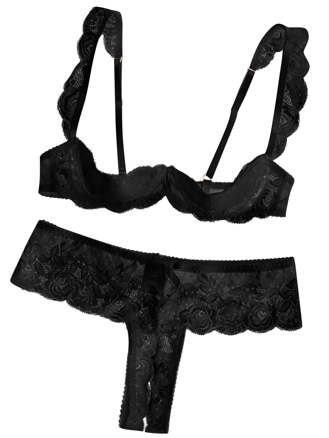 Lilosy Sexy Underwire Floral Lace Sheer Lingerie Set for Women See Through Bra and Panty