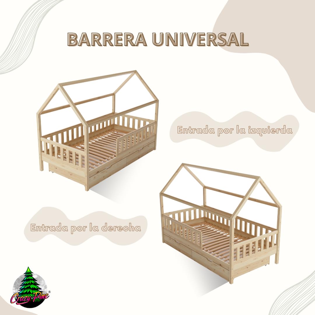 Cama Montessori en Forma de Casa 190x90 cm - Cama Infantil con Protección contra Caídas 40cm y Barrera Abrible - Camas Infantiles niño - Madera Natural con Cajones