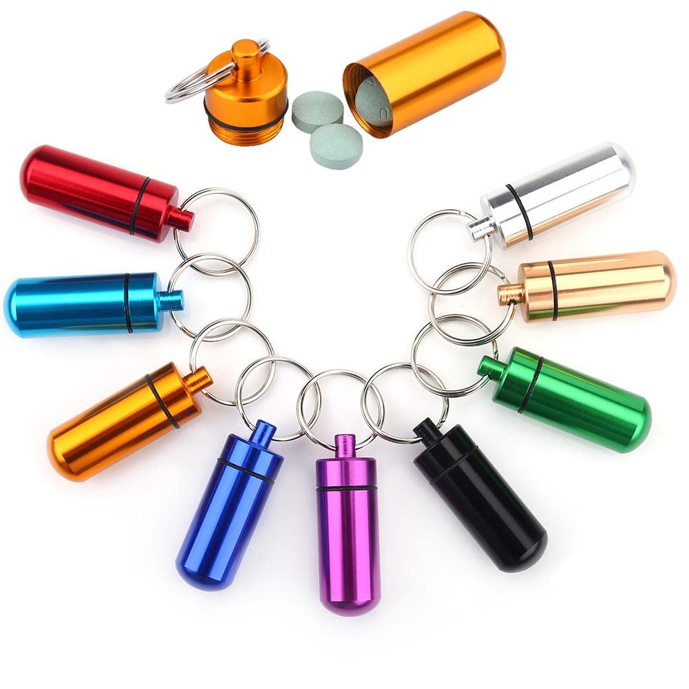 9 Colori In Lega di Alluminio Mini Pillola Scatola, Argento + Oro + Rosso + Nero + Blu + Viola + Verde + Champagne Portachiavi Impermeabile Medicina Caso, per Viaggi, Campeggio All'Aperto