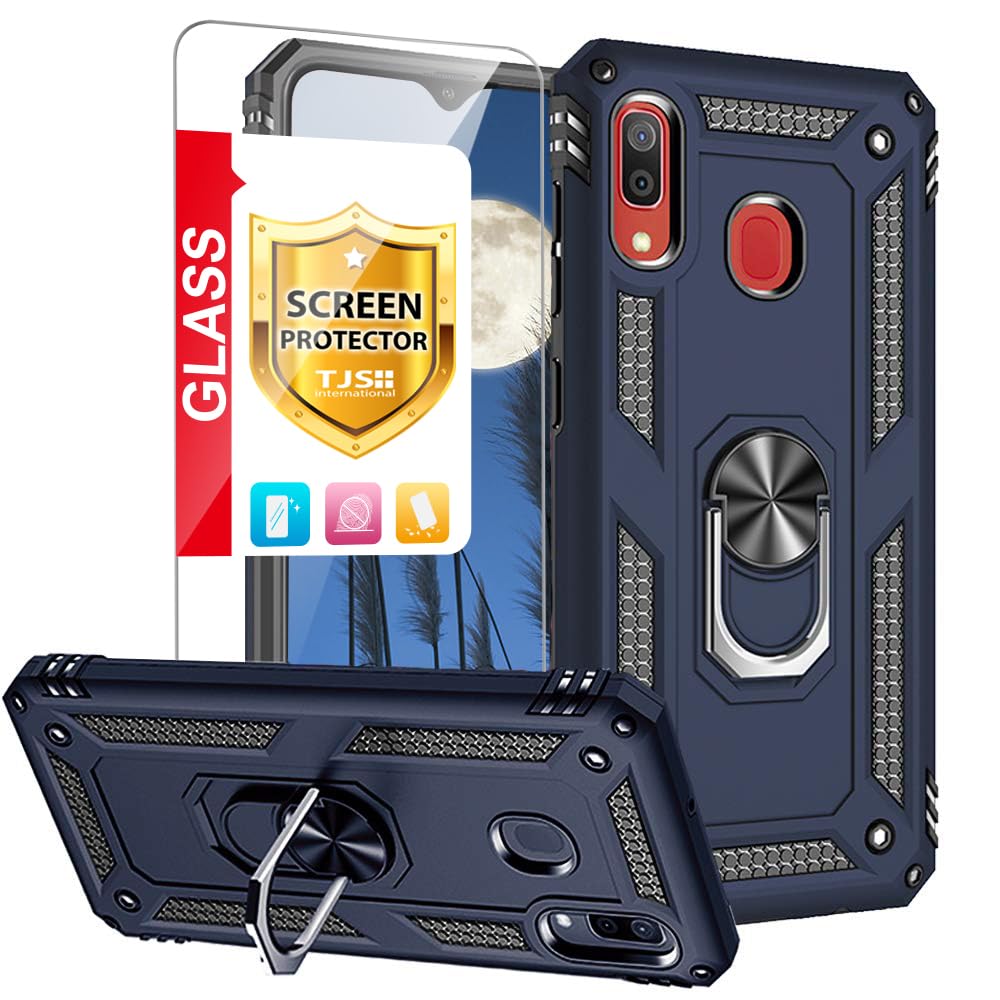 TJS Compatible with Samsung Galaxy A20 Case, Galaxy A30 Case, with Tempered Glass Screen Protector Metal Ring Magnetic Support Kickstand Heavy Duty