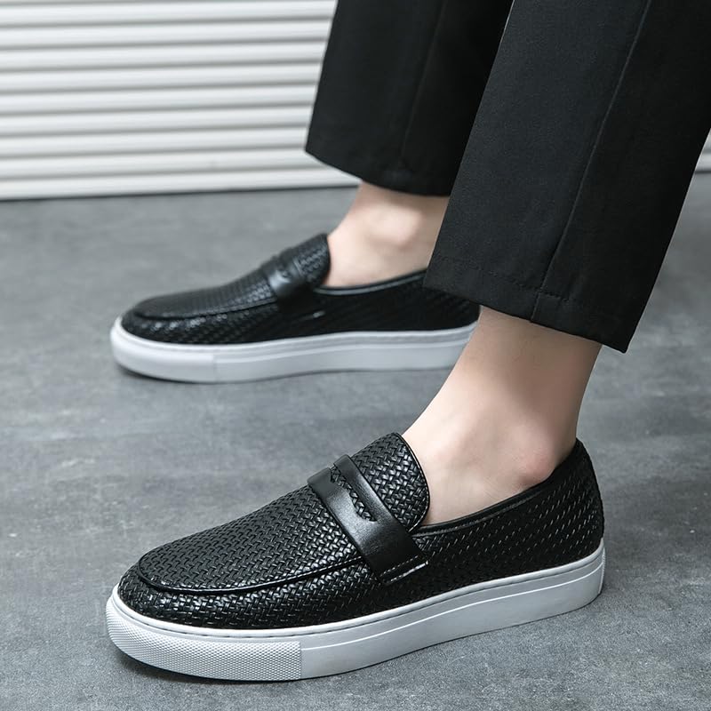 Men's Leather Woven Casual Dress Loafers Fashion Round Toe Lightweight Non-Slip Slip-On Penny Loafers for Driving Parties Office4