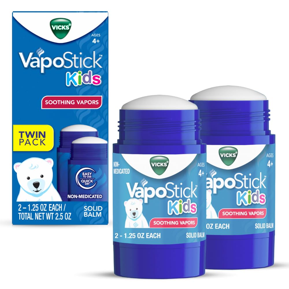 VicksVapoStick Kids, Solid Balm, No Mess, for Kids Ages 4+ Soothing Non-Medicated Vicks Vapors, Easy-to-Use No-Touch Applicator, Lightweight Feel, 1.25oz x 2