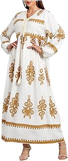 Abaya Dress for Women Muslim Modest Maxi Robe Floral V Neck Cotton Dresses Dubai Clothing Elegant Maxi Dresses