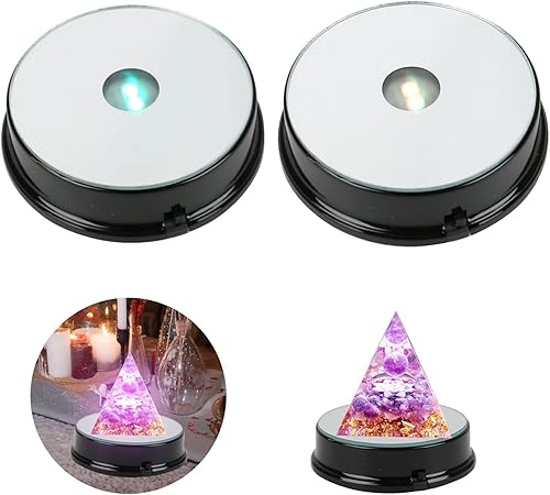 Base de pantalla LED colorida, soporte redondo para cristal de arte 3D – 7 colores cambiantes, 3 AAA (negro, 2) Negro,Plata