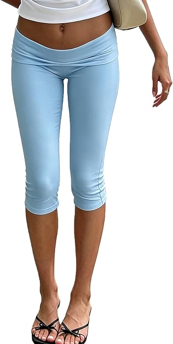 Fold Over Skinny Capri Pants for Women Y2k Low Rise Knee Length Stretchy Leggings Slim Fitted Yoga Pants Streetwear