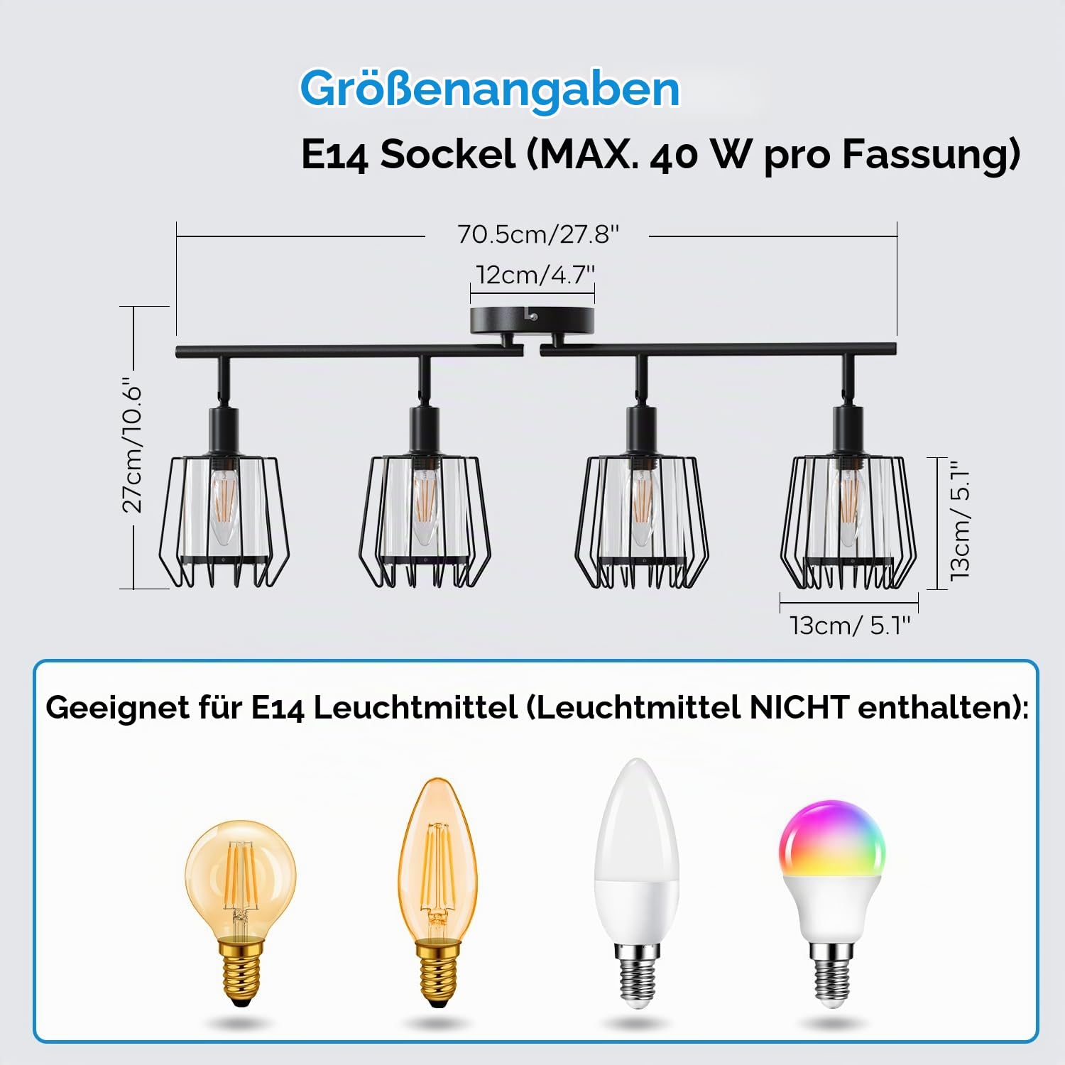 LVWIT LED Deckenstrahler Schwenkbar 350°, E14 Deckenleuchte 4 Flammig Deckenlampe Strahler Schwarz Spots LED mit Acryl Lampenschirm- Küchenlampe Wohnzimmerlampe Deckenspot (Ohne Leuchtmittel)