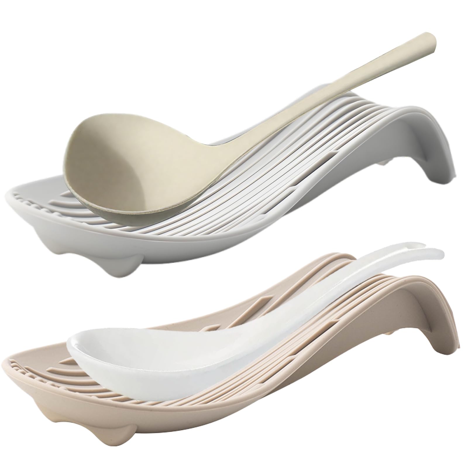 Silicone Spoon Rest for Stove Top, Heat Resistant Utensil Holder for Kitchen Countertop, Large Drip Catcher, 2 Pack