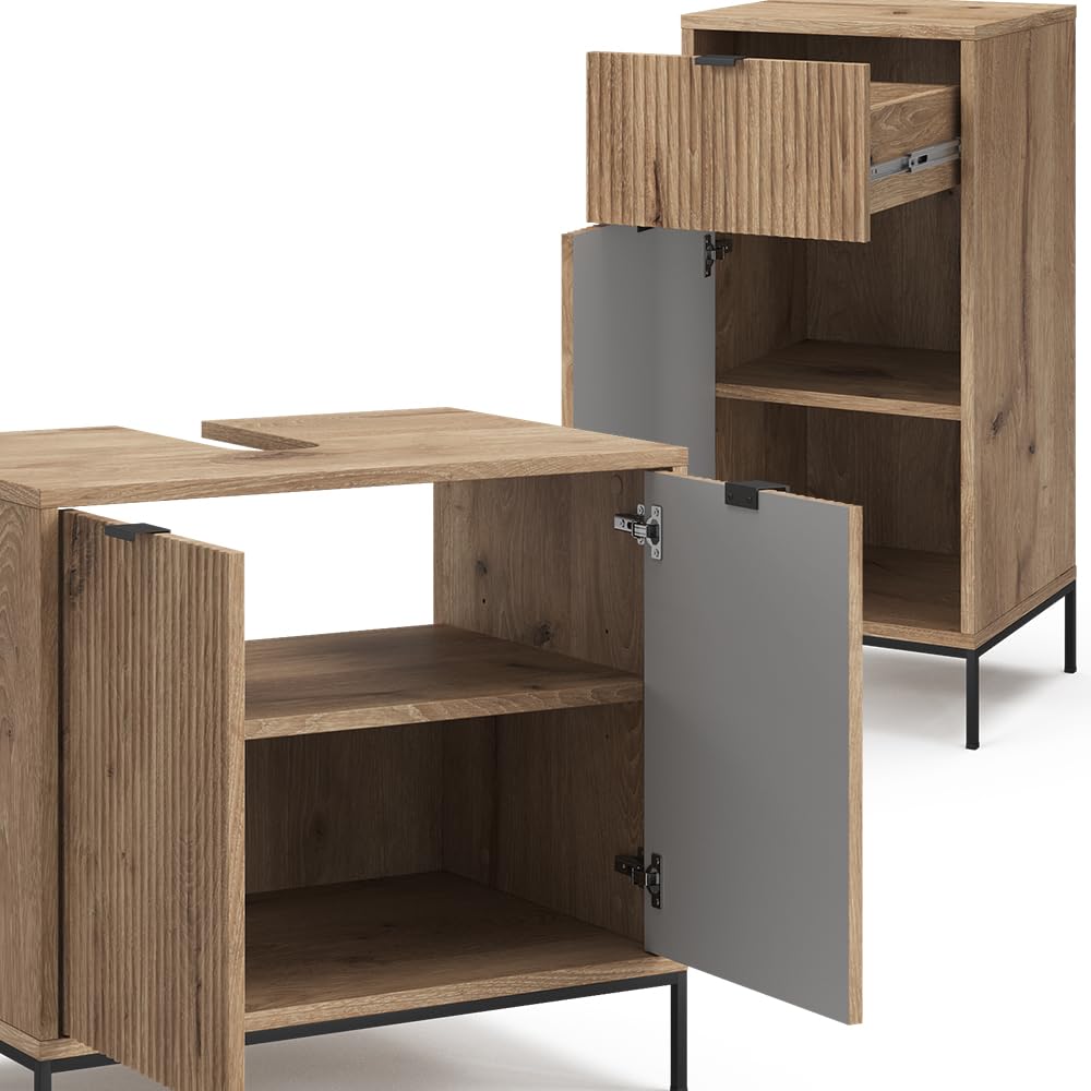 Vicco Badmöbel-Set Eliza, Viking Oak, 70 cm, besteht aus Waschbeckenunterschrank, Spiegelschrank und Midischrank