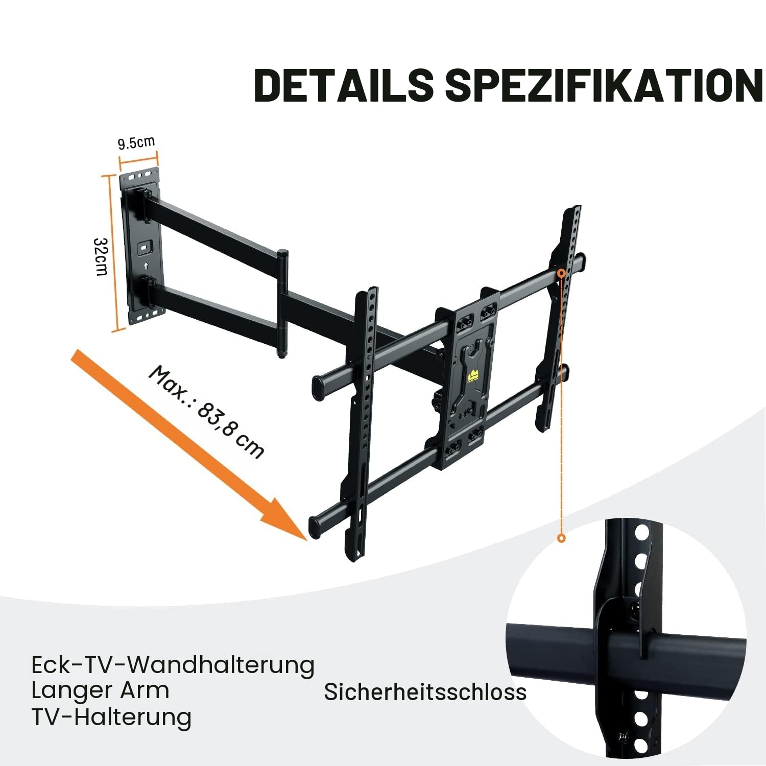 FORGING MOUNT TV Wandhalterung mit 820mm Langem Arm Wandhalterung Fernseher für 32-75 Zoll LCD/LED Fernseher, Schwenkbarer Gelenkarm 180° Drehbare, Ecke TV Halterung bis zu 50KG Max VESA 600x400mm