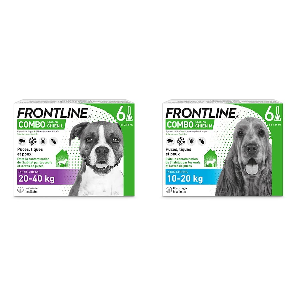 FRONTLINE Combo Chien - Anti-puces et Anti-tiques pour Chien - 20-40kg - 6 pipettes & Combo Chien - Anti-puces et Anti-tiques pour Chien - 10-20kg - 6 pipettes