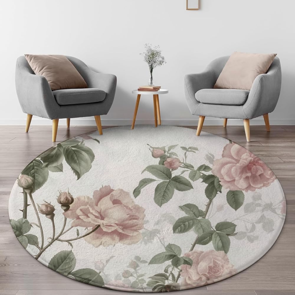 Lotus Flower Round Rug 3 ft - Washable & Non-Slip Soft Girly Chic Circle Rugs for Office Chair, White Floral Design, Resistant Indoor Area Carpet, Blue Nature Theme Floor Decor