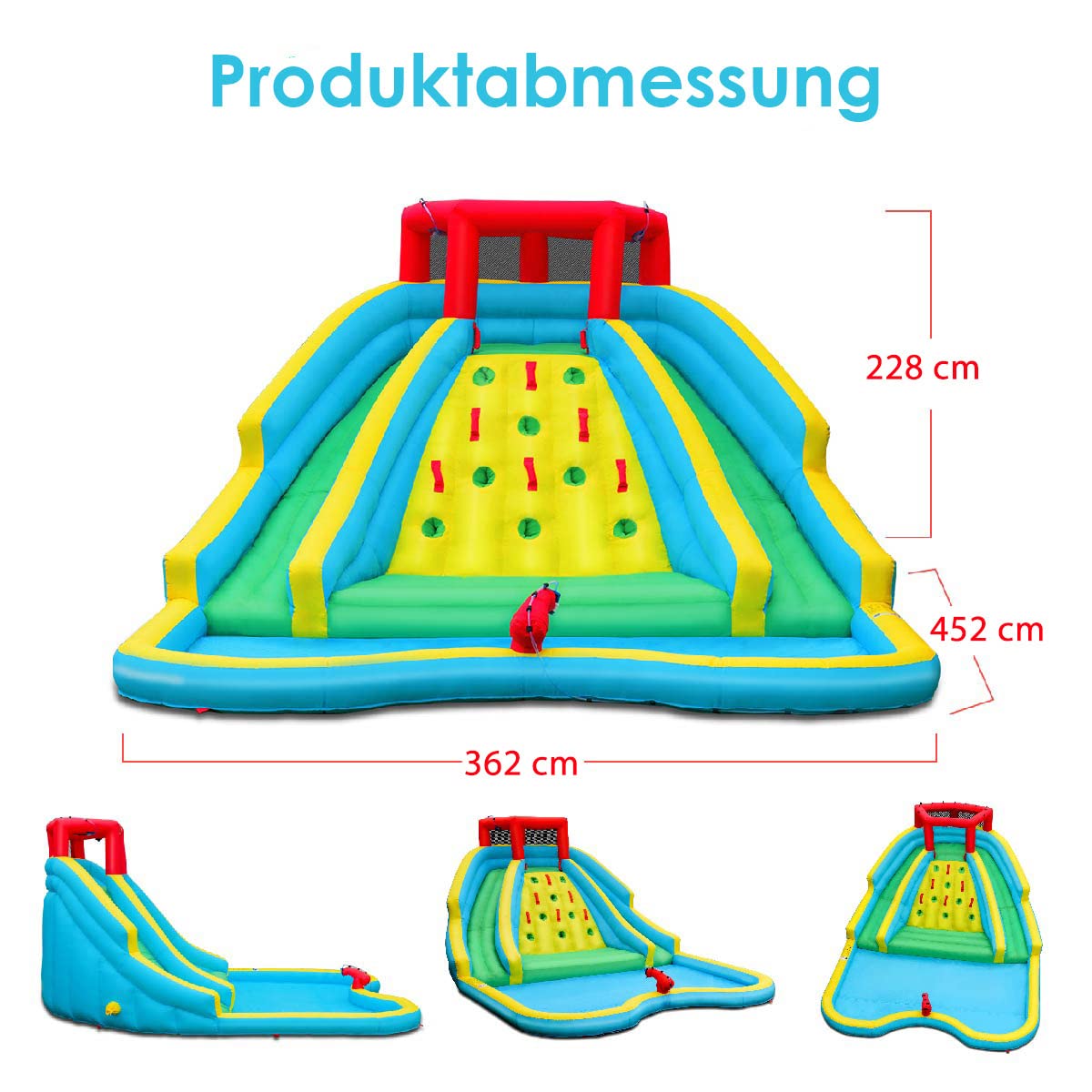 COSTWAY OP70081DE + OP70458DEDE Nadmuchiwany zamek dmuchany z dwoma zjeżdżalniami wodnymi, ścianką do wspinaczki i armatą wodną, basen do zabawy, zjeżdżalnia do parku wodnego, brodzik 518 x 366 x 229 cm (z dmuchawą)