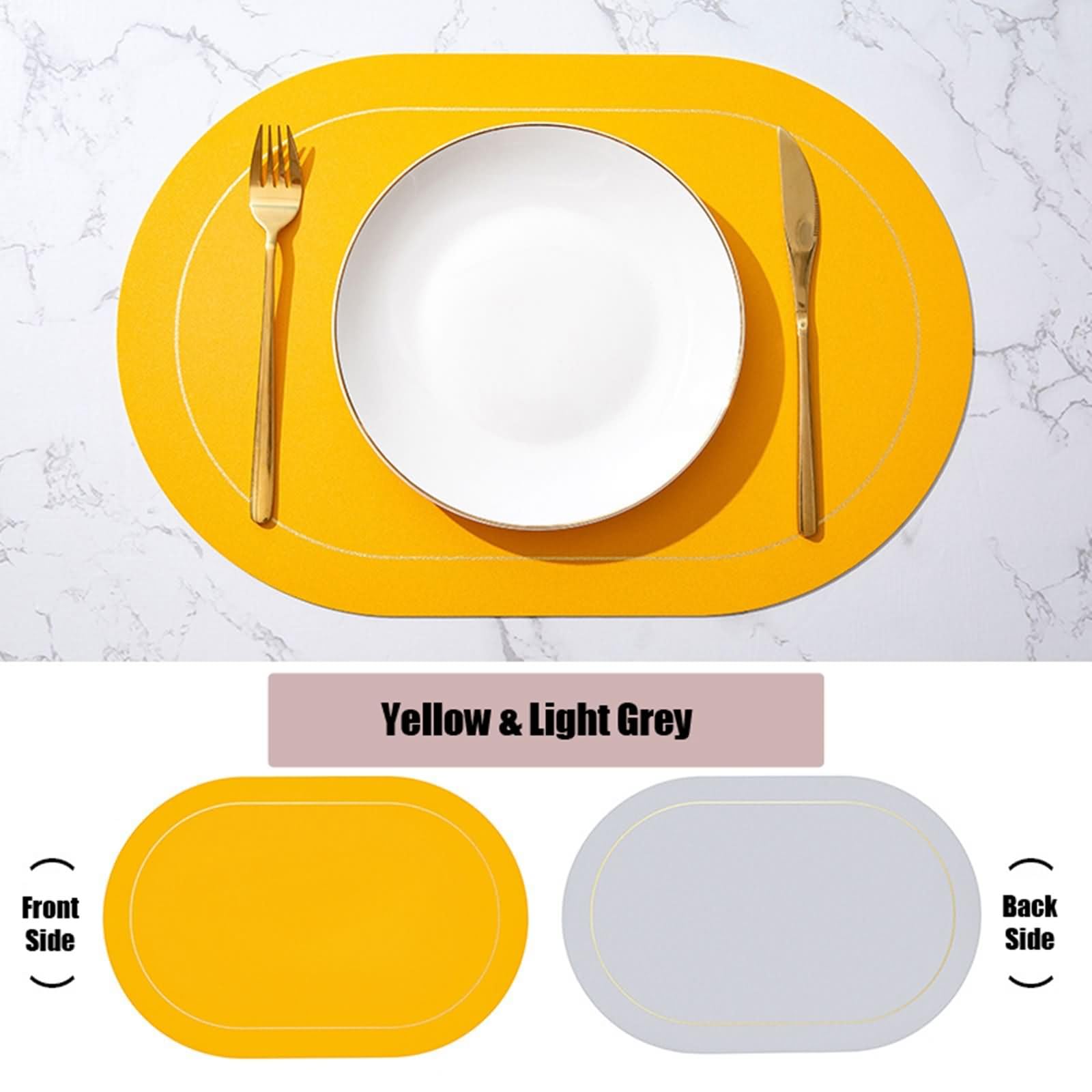 Tovagliette Americane Antiscivolo Set di 6, 30 x 45 CM Tovagliette Ovale Colazione Pelle Giallo Grigio Chiaro, Tinta Unita con Ovale