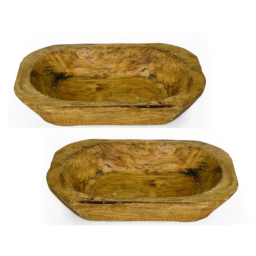 9" Large Natural Wood Rustic Baguette Bread Bowl | 2 Pack of Handcrafted Batellas Tray for Pearled Candle Wax Containers, Table Centerpieces, and Rustic Farmhouse Décor