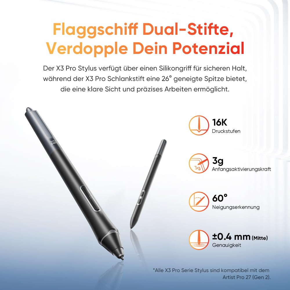 XPPen Artist Pro 27 (Gen 2) 4K UHD Grafiktablett mit Display 26,9 Zoll, 120Hz Zeichentablett für PC mit 16384 Druckstufen X3 Pro Stift, 99% Adobe RGB, Touch-Funktion, Ideal für Professional