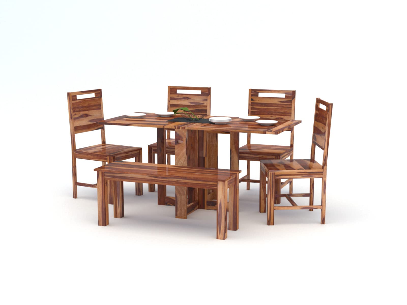 ANGEL FURNITURE Solid Sheesham Wood Dining Set with Folding Table and Bench (Six Seater, Honey Finish)