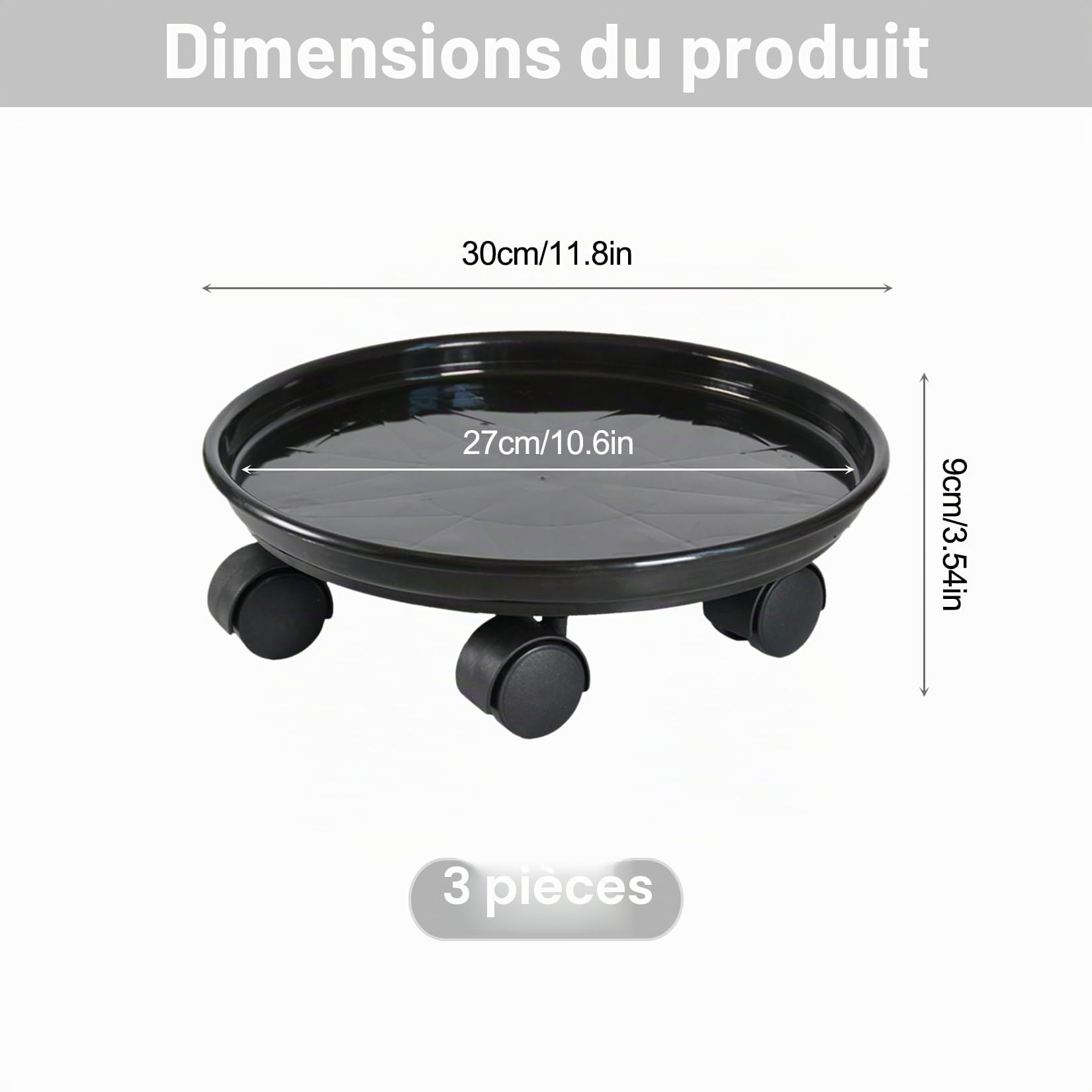 3 Pièces Chariot Roulant pour Plantes Rond Sous-Pot avec Roulettes Universelles Support pour Plantes Chariot Mobile pour Intérieur et Extérieur Capacité de Charge 50 kg 30 cm Noir