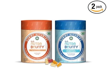 NUTRA BOUNTY Combo Pack Calcium Gummies for Women Men & Kids, Multivitamin Gummies for Kids, Strawberry Mango & Lemon Flavored 60 Gummies