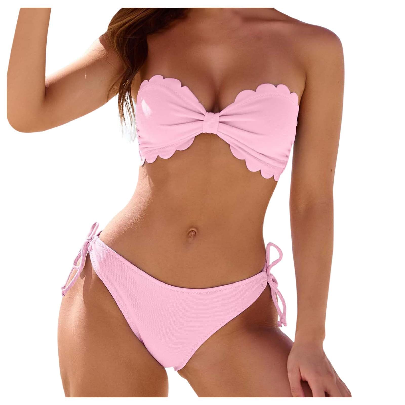 Damski Zestaw Bikini Typu Bandeau Z Marszczonymi Krawędziami I Odpinanymi Ramiączkami Dwuczęściowy Strój Kąpielowy Na Plażę Basen, Niebieski, S