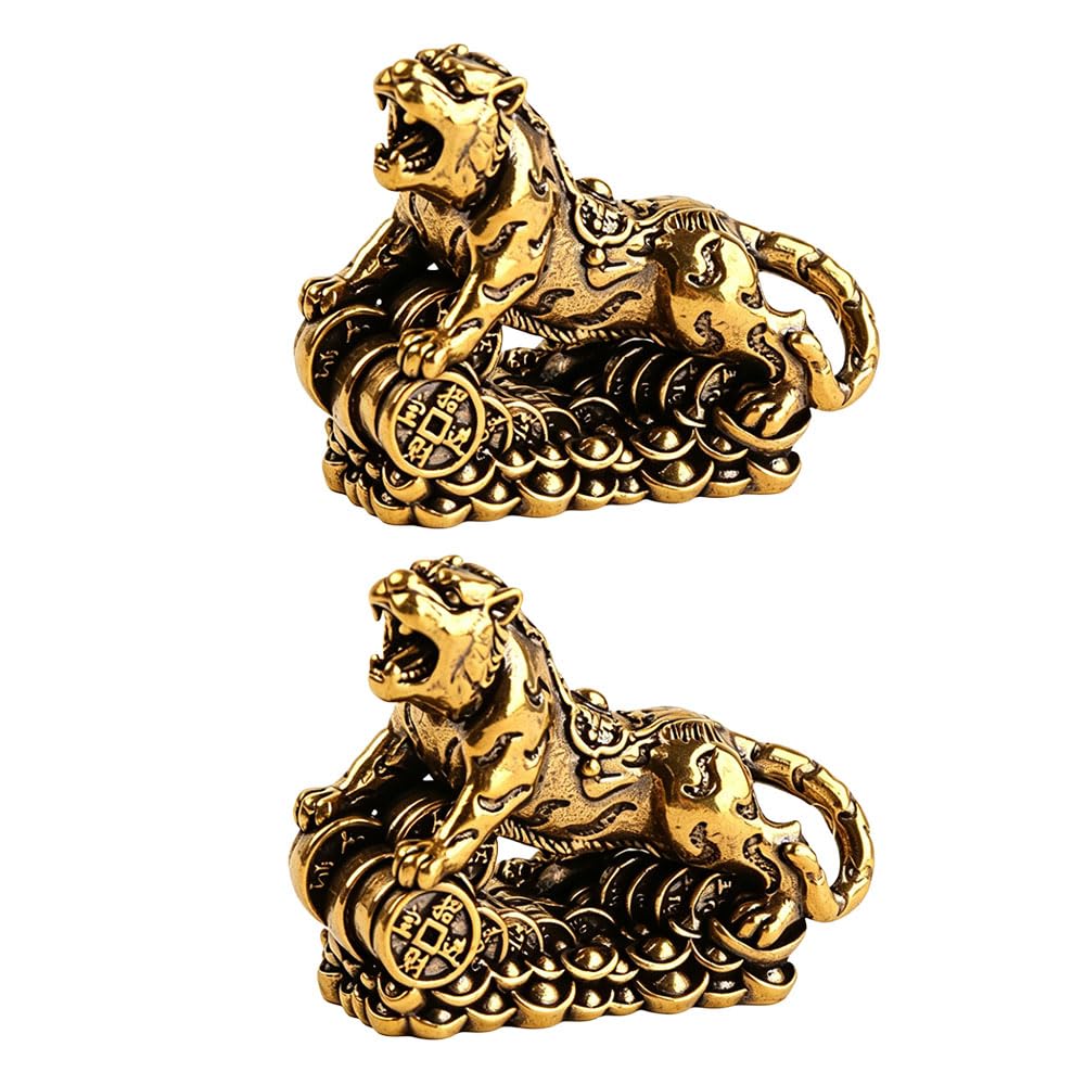 Jehoshaphat Aurichalceous 2Pcs Vintage Brass Tiger Figurines, Coin-Stepping Animal Static Sculptures, Wealth-Preserving Auspicious Mini Ornaments For Household Desktop, Cabinet & Indoor Shelf Layout Styling