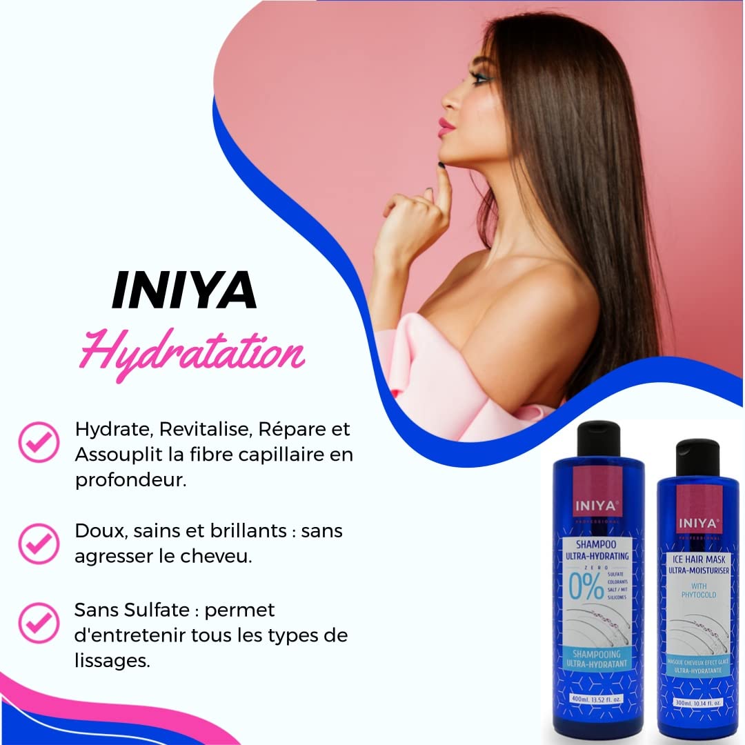 Shampooing & Soin Hydratant Sans Sulfate ni Silicone | Iniya Duo Kit Hydratation | Shampooing et Masque Lissage Brésilien - Tanin (400ml + 300ml)