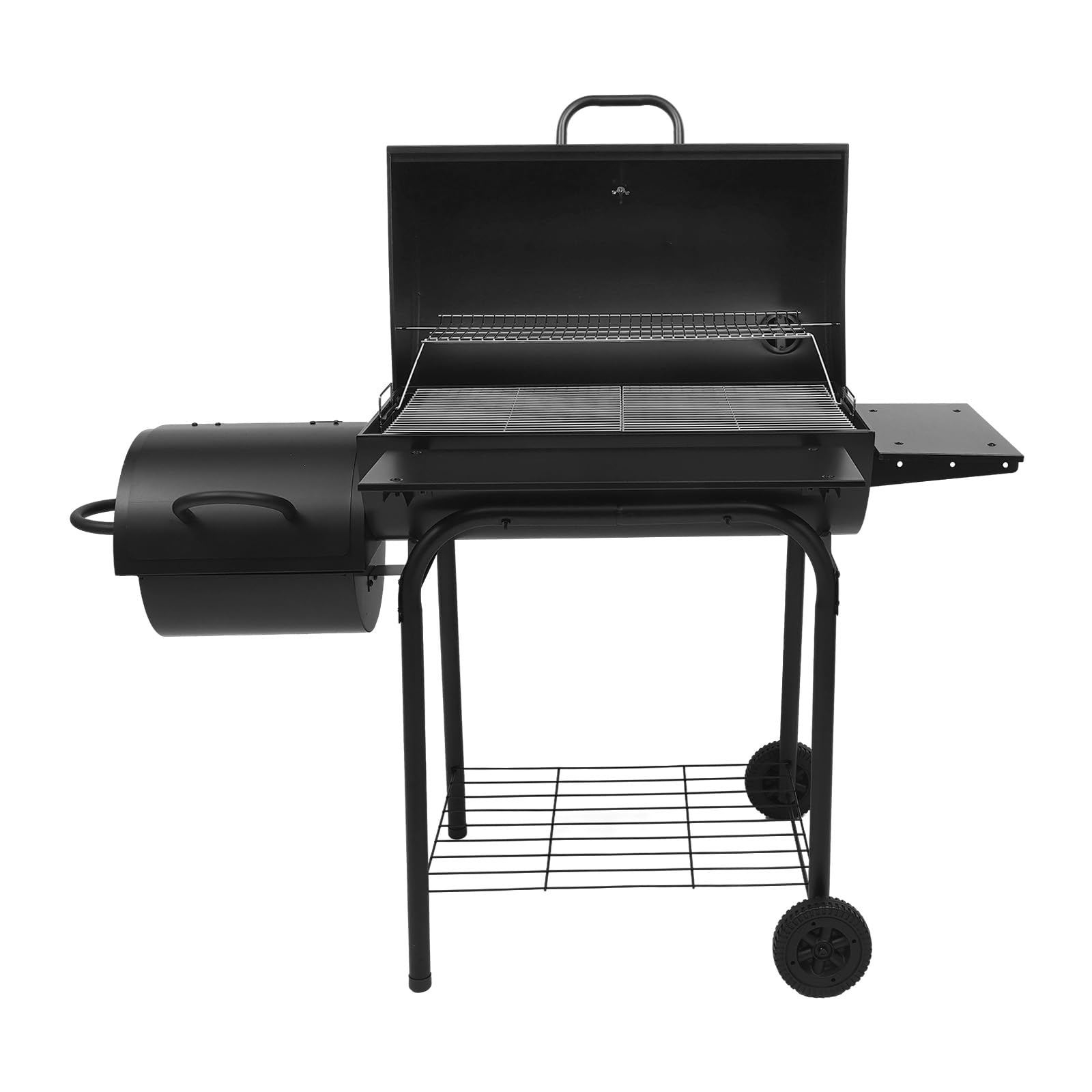 Barbecue a Carbonella con Affumicatore Laterale, Griglia 73x42 cm, Nero | Con termometro sul coperchio, camino, 3 griglie, ripiani portaoggetti e ruote; per giardino, terrazza e campeggio