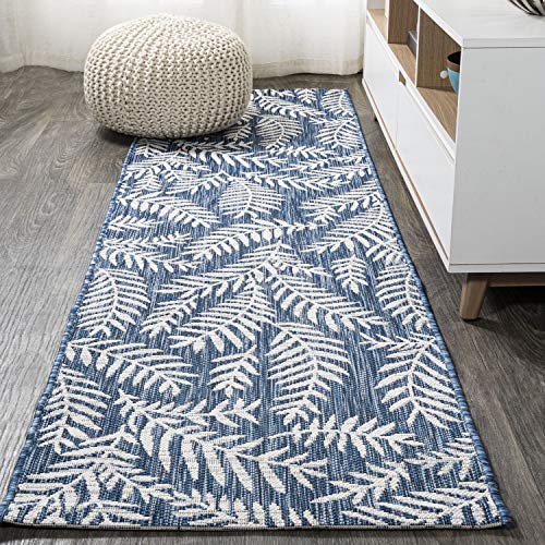 JONATHAN Y SMB119B-28 Nevis Palm Frond Indoor Outdoor Runner Rug Coastal Floral Easy-Cleaning Bedroom Kitchen Backyard Patio Non Shedding, 2 X 8, Navy/Ivory