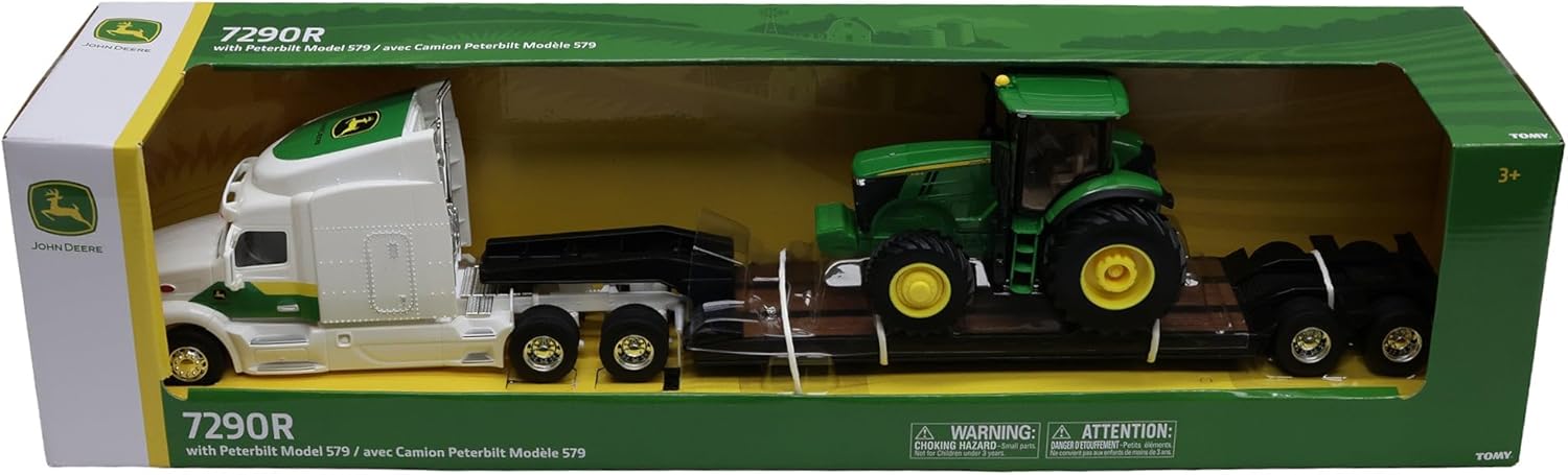 Tomy Peterbilt Lowboy Semi Truck with John Deere 7290R Tractor – 1:32 Scale – Lowboy Trailer Hauling Set with Authentic Peterbilt and John Deere Details – Ages 3+