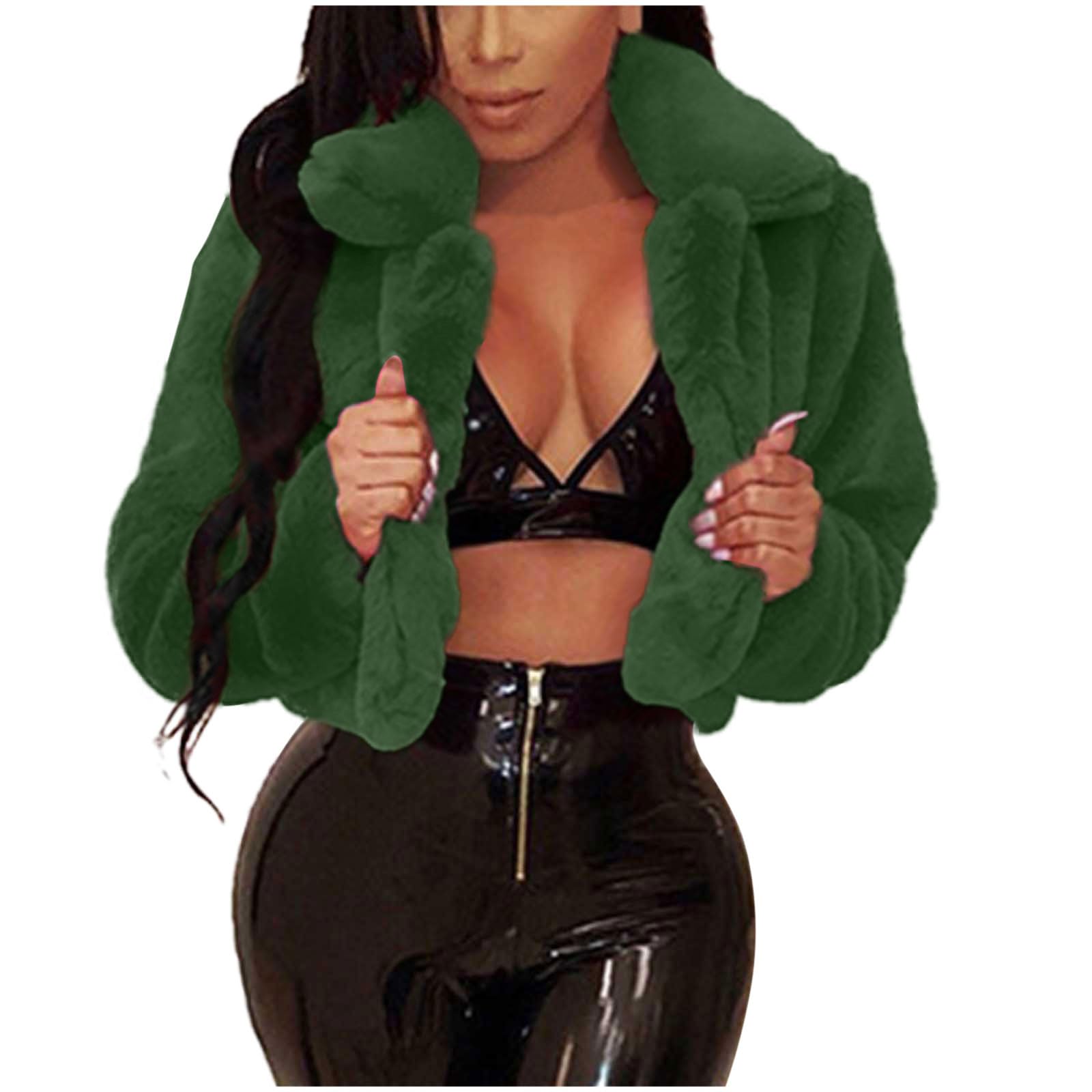 Triglicoleum Women's #04 Green Fur Coat Fashionable Plain Short Faux Fur Jacket Faux Fur Coat Cuddly Fur Coat Thick Warm Winter Jacket Winter Fur Jacket Long Sleeve Winter Coat Fur Jacket Transition Jacket, #04